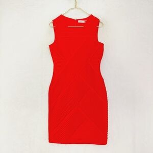 Calvin Klein Red Crewneck Sleeveless Sheath Bandage Pleated Dress P4412